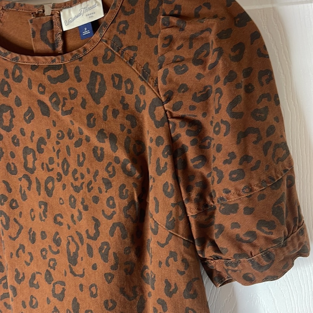 Denim Leopard Puff Sleeve Dress with Pockets